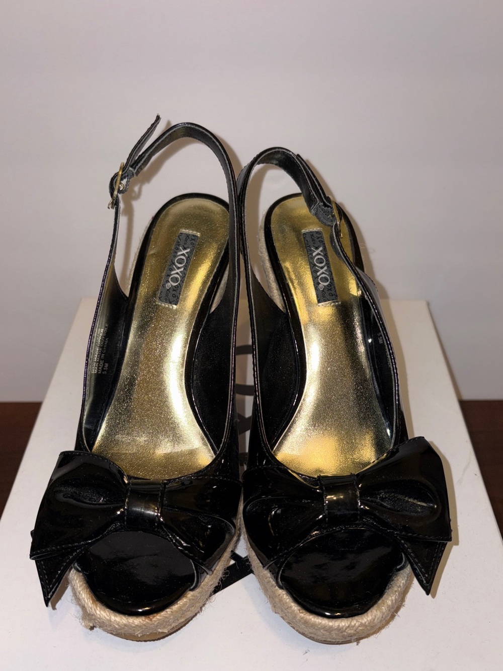 XOXO Black Patent Espadrille Wedge Slingbacks with Bow
